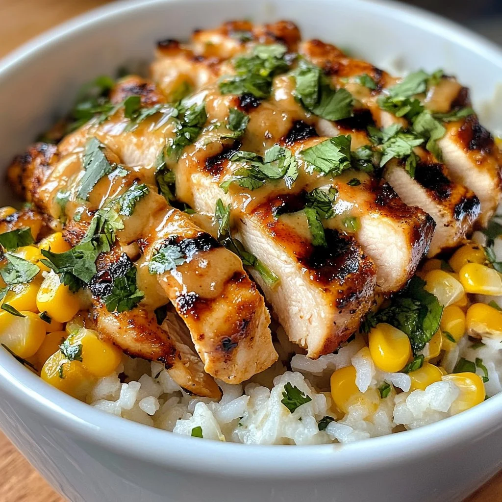 A vibrant corn chicken bowl featuring grilled chicken, corn, and fresh vegetables.