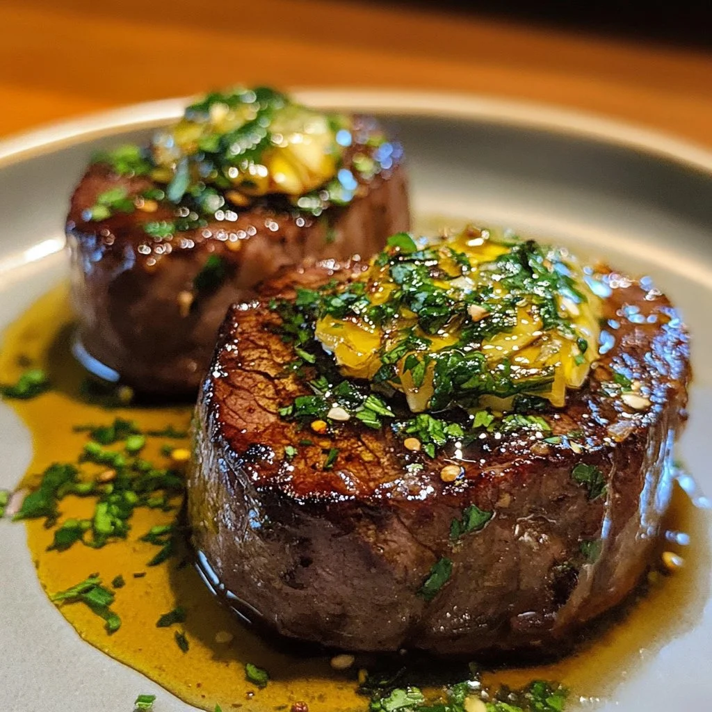 Delicious filet mignon steak topped with garlic herb butter on a plate