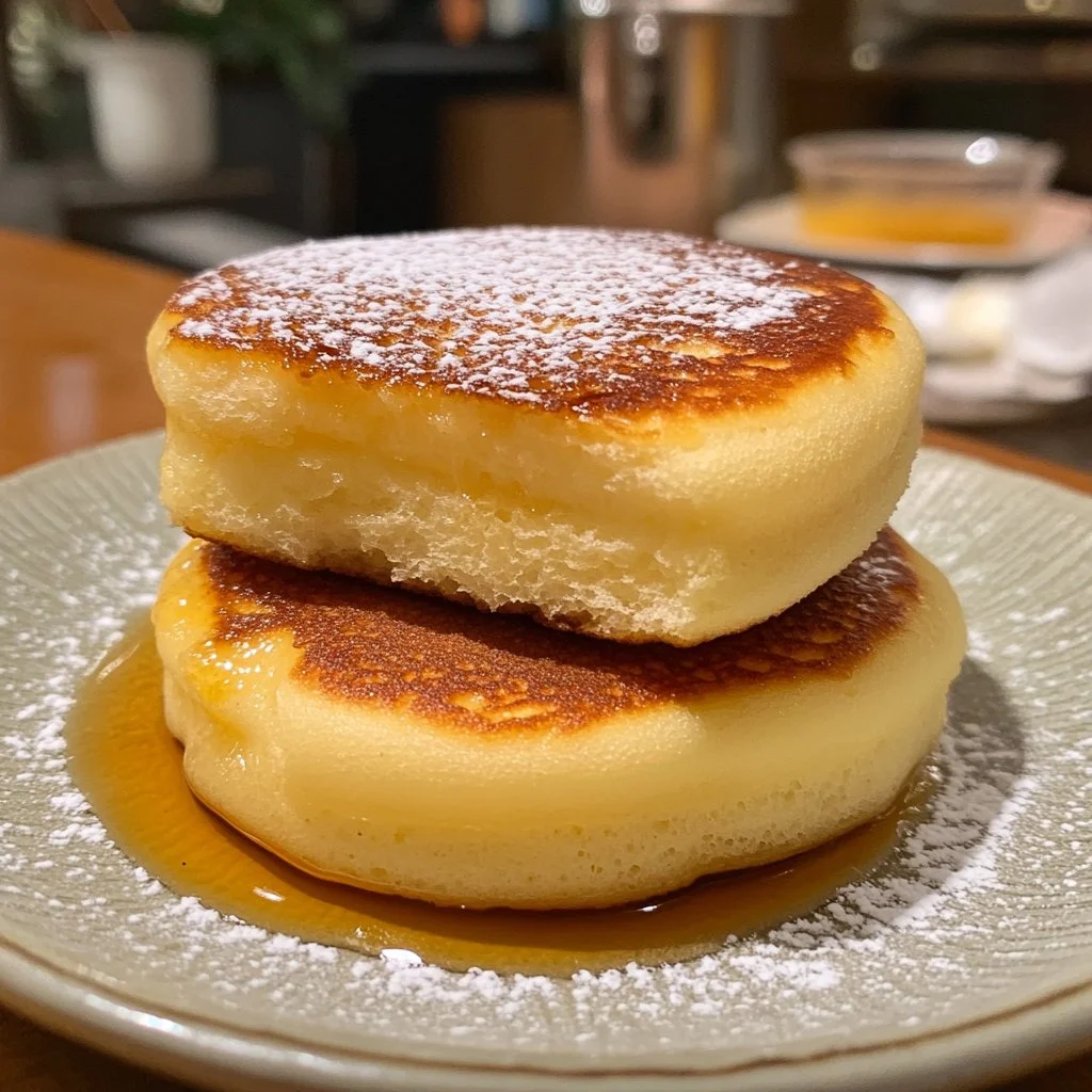 Delicious fluffy Japanese soufflé pancakes stacked and drizzled with syrup.