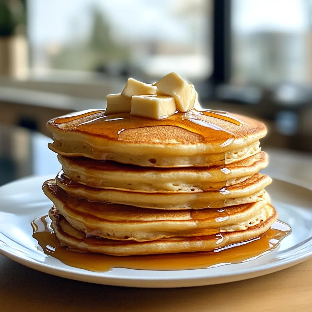 Stack of fluffy pancakes drizzled with syrup and topped with fresh berries