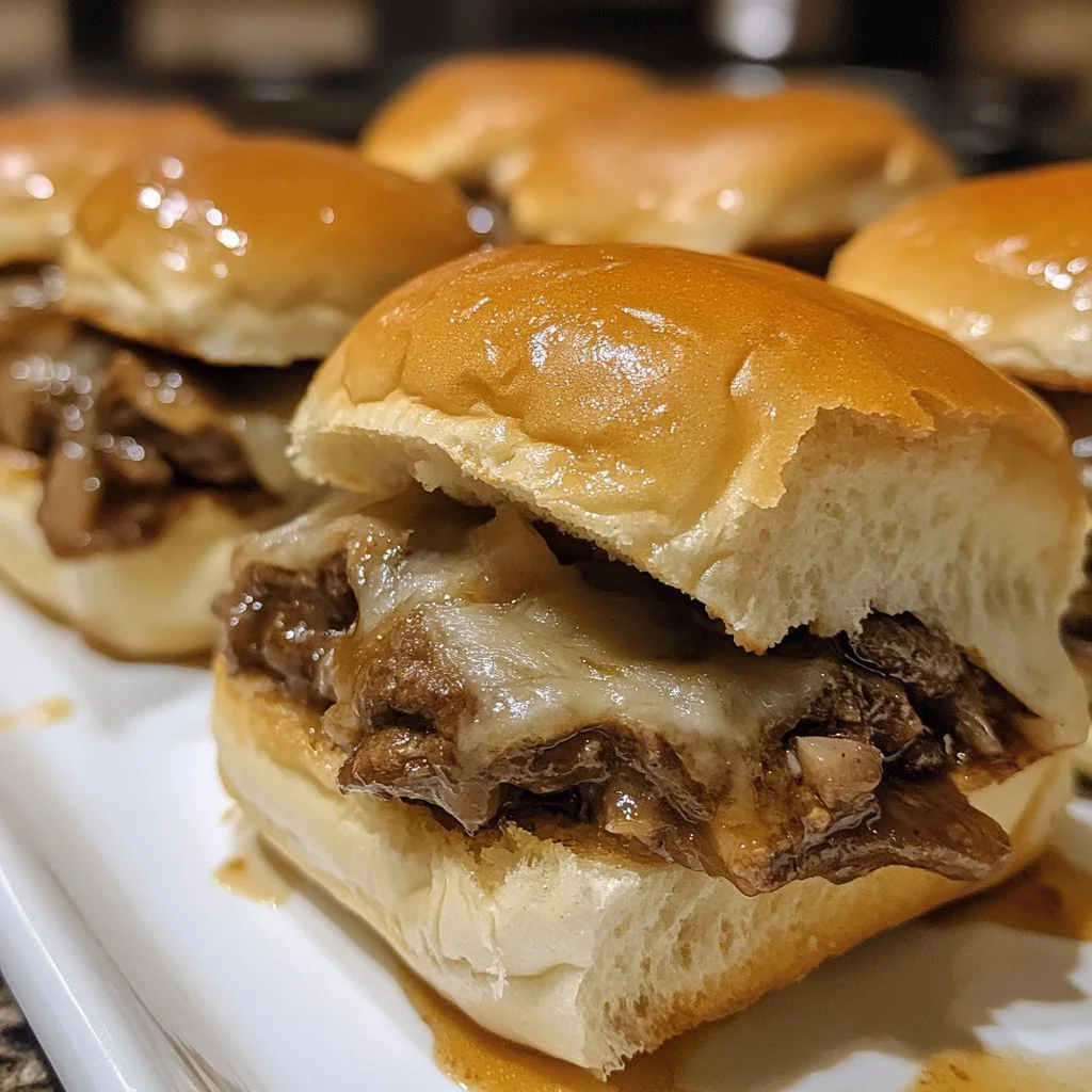 Delicious French Dip Sliders served with dipping sauce on a wooden platter.