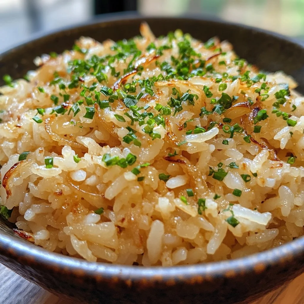 Delicious bowl of French Onion Butter Rice topped with caramelized onions