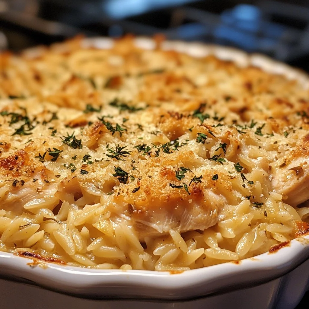 Delicious French onion chicken orzo casserole topped with melted cheese