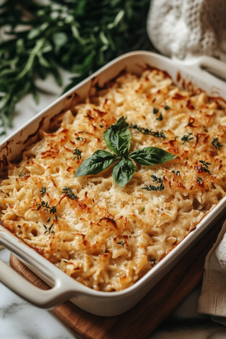 French Onion Chicken Orzo Casserole