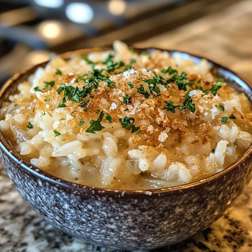 Bowl of French Onion Soup Rice with melted cheese and herbs