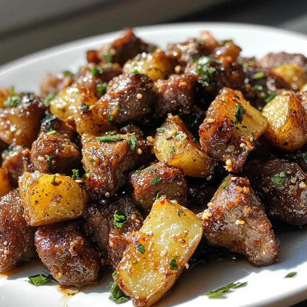 Delicious Garlic Butter Beef Bites served with flavorful potatoes.