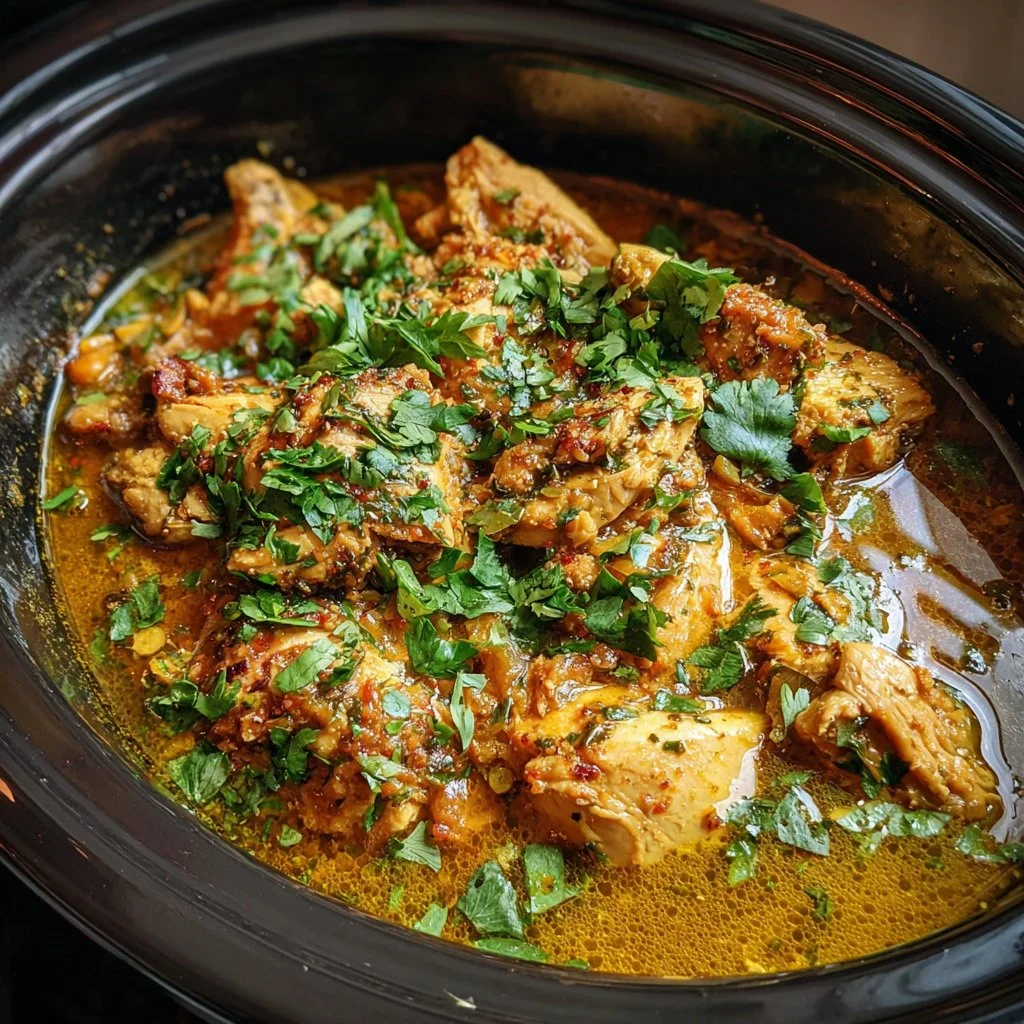 Delicious Garlic Butter Chicken cooked in a crockpot with fresh herbs.