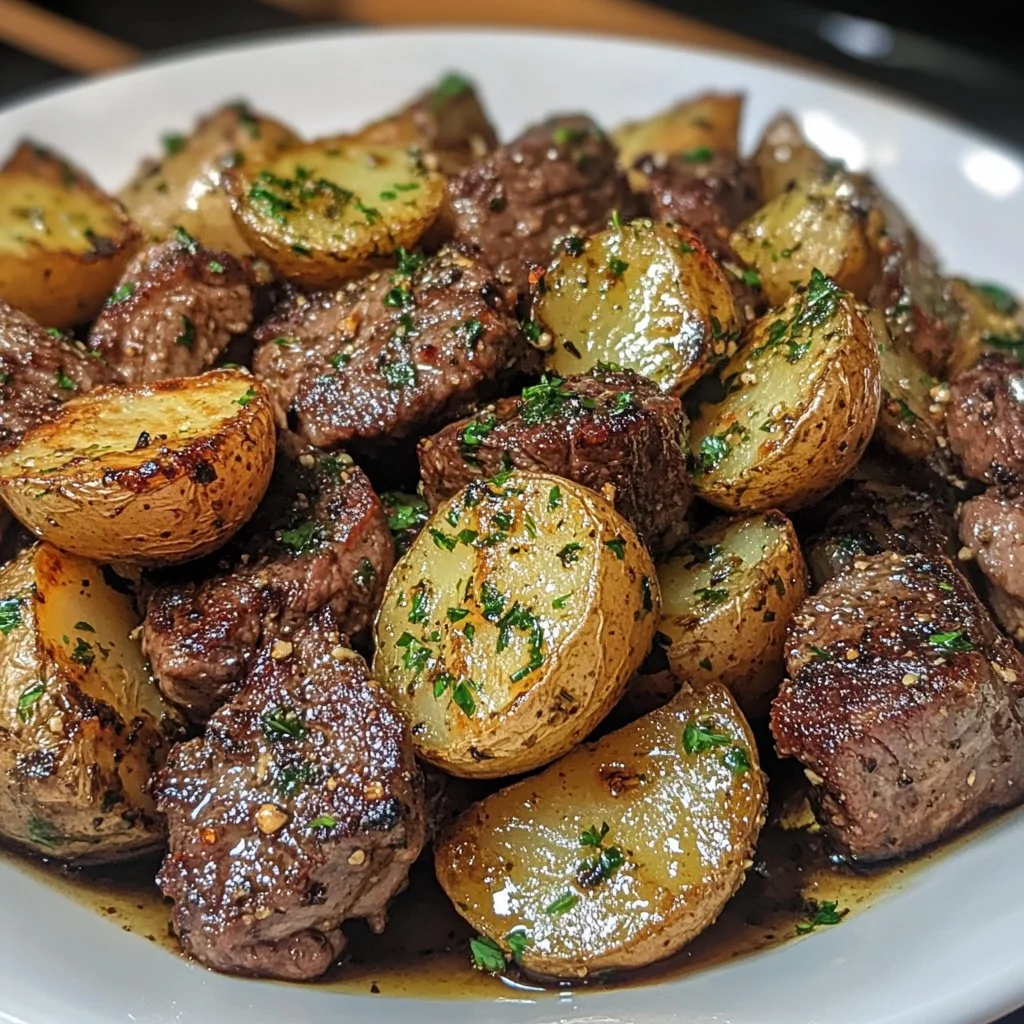 Garlic butter steak bites served with roasted potatoes on a plate.