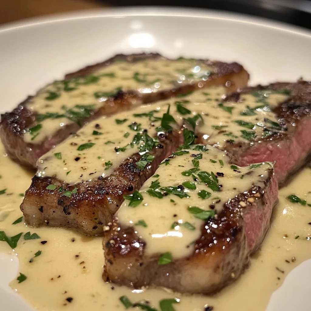 Delicious Garlic Butter Steak topped with creamy Parmesan sauce on a plate.