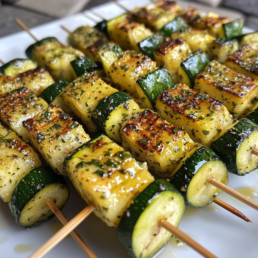 Garlic butter zucchini skewers ready for grilling, showcasing vibrant zucchini pieces.