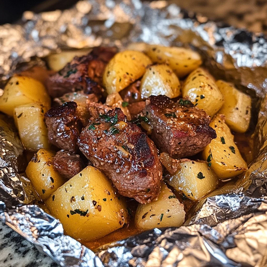 Garlic steak and potato foil packets ready to be grilled