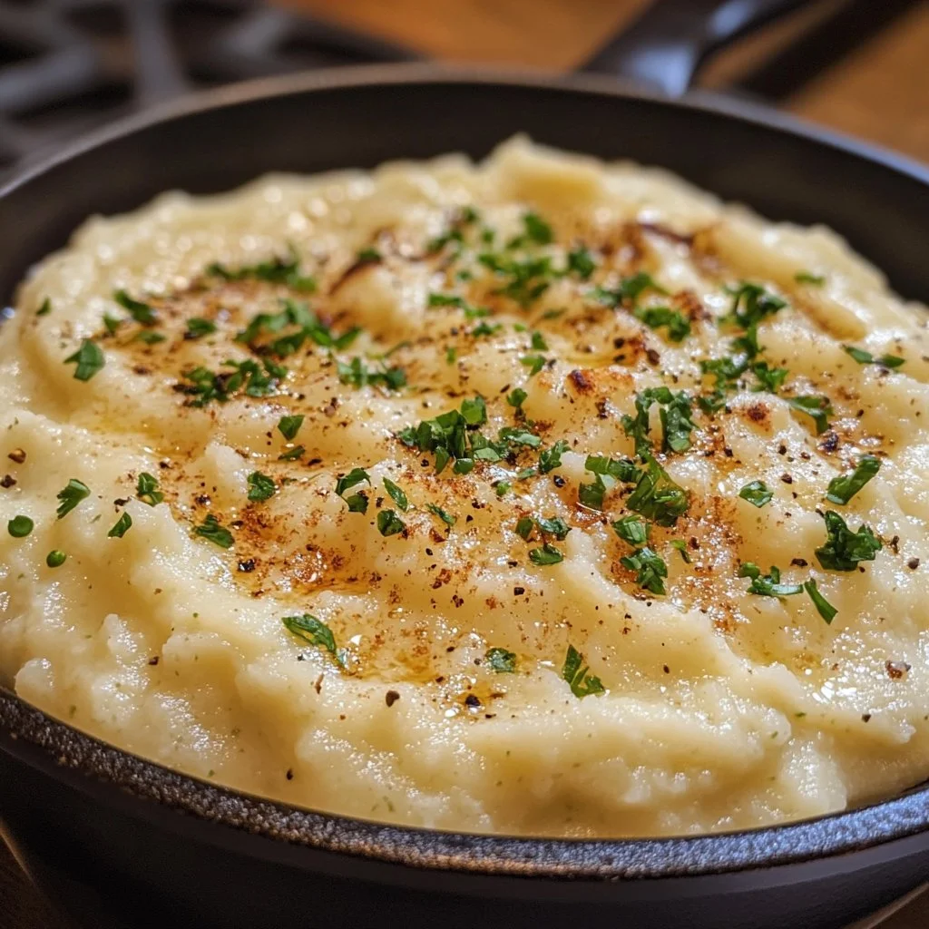 A bowl of Gordon Ramsay's creamy cauliflower puree garnished with herbs.
