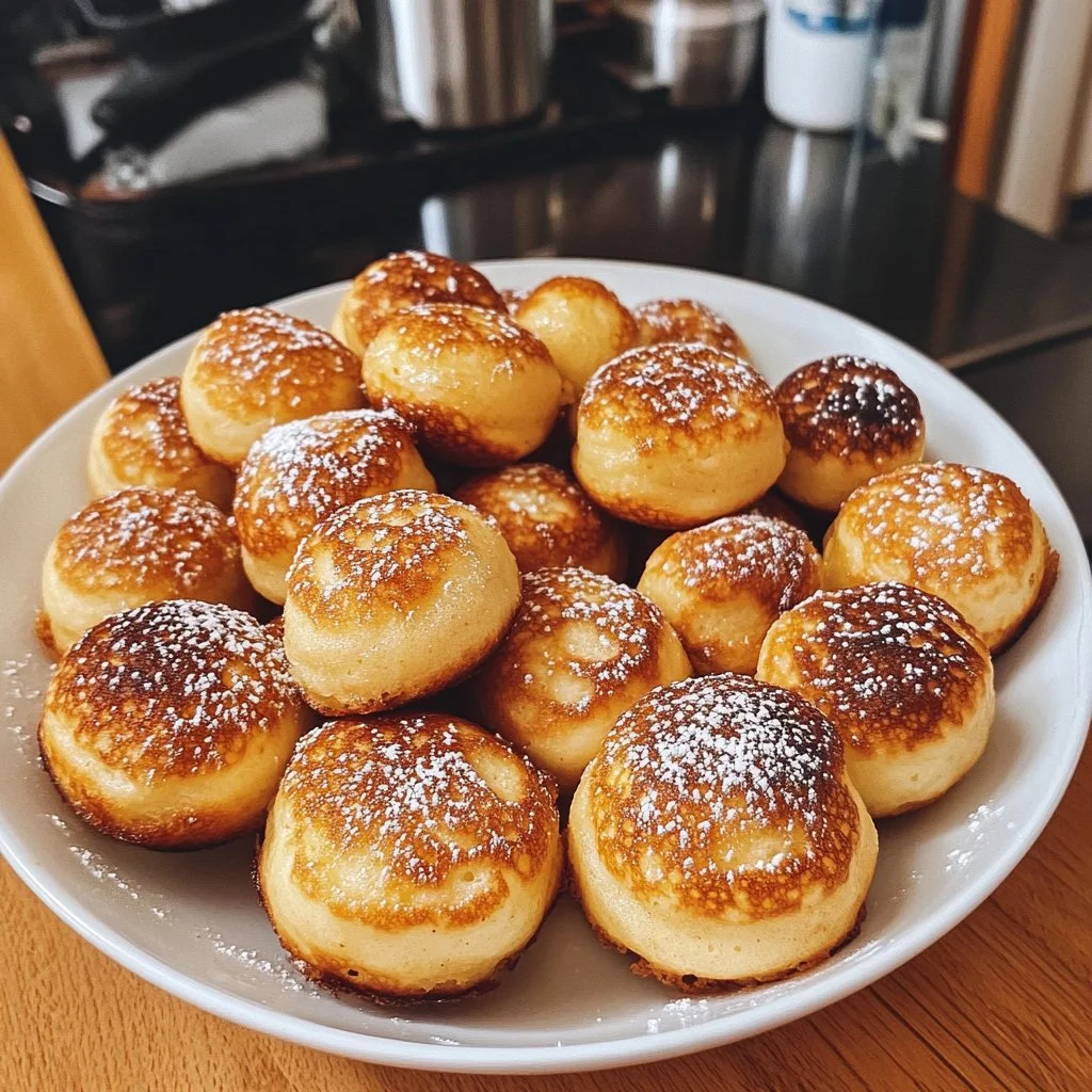 Delicious Aebleskiver pancakes served with jam and powdered sugar on a plate.