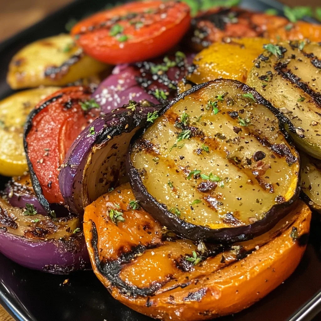 Plate of grilled vegetables with garlic and herbs, showcasing vibrant colors and flavors.