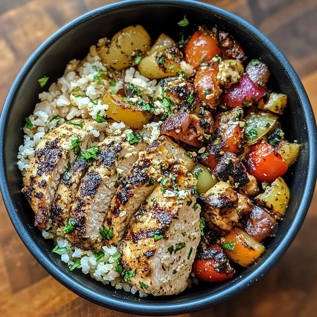 A colorful Greek Chicken Bowl with grilled chicken, vegetables, and feta cheese.