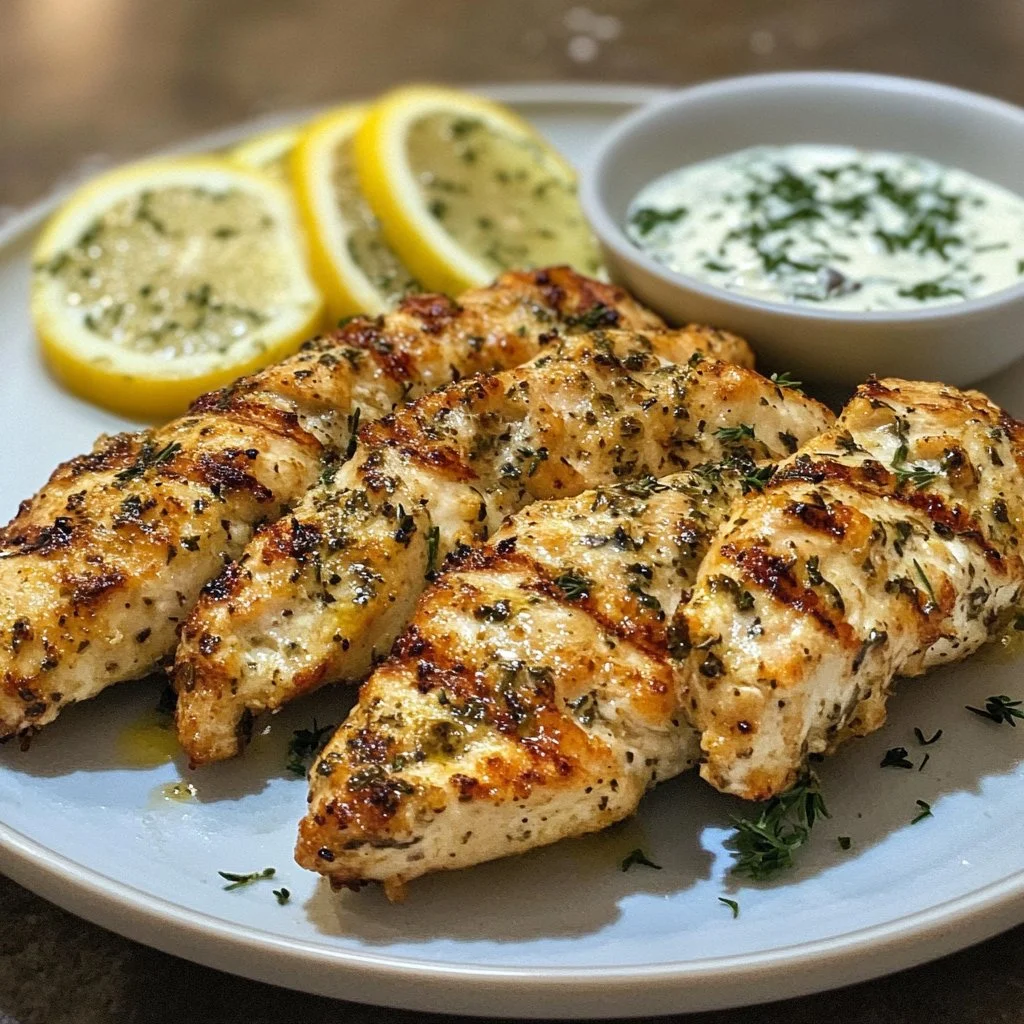 Delicious Greek Chicken Tenders served with a side of tzatziki sauce.