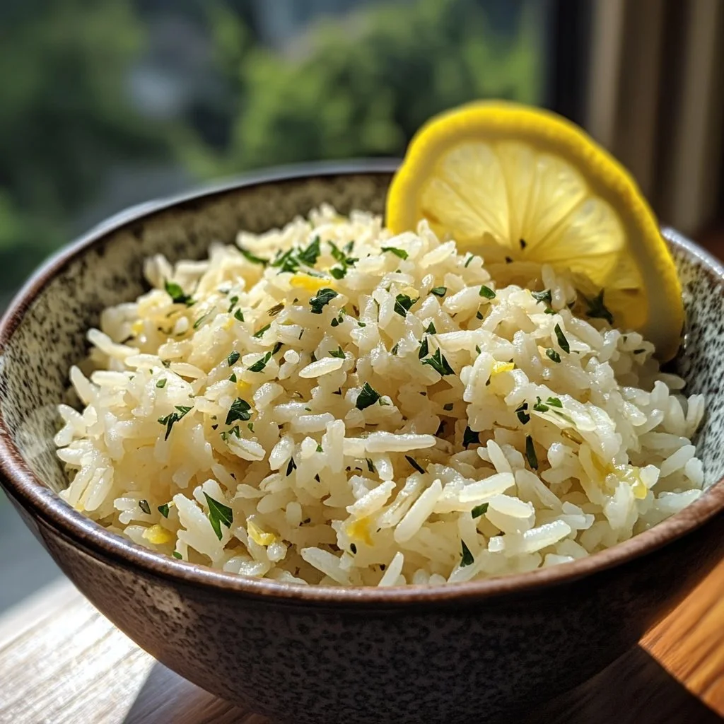 Bowl of flavorful Greek Lemon Rice garnished with herbs and lemon slices