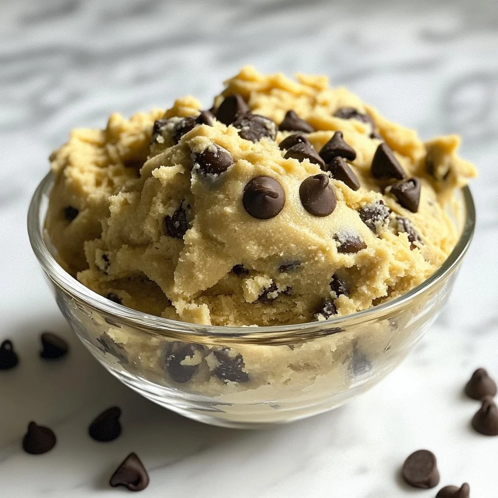Delicious Greek yogurt cookie dough served in a bowl with chocolate chips