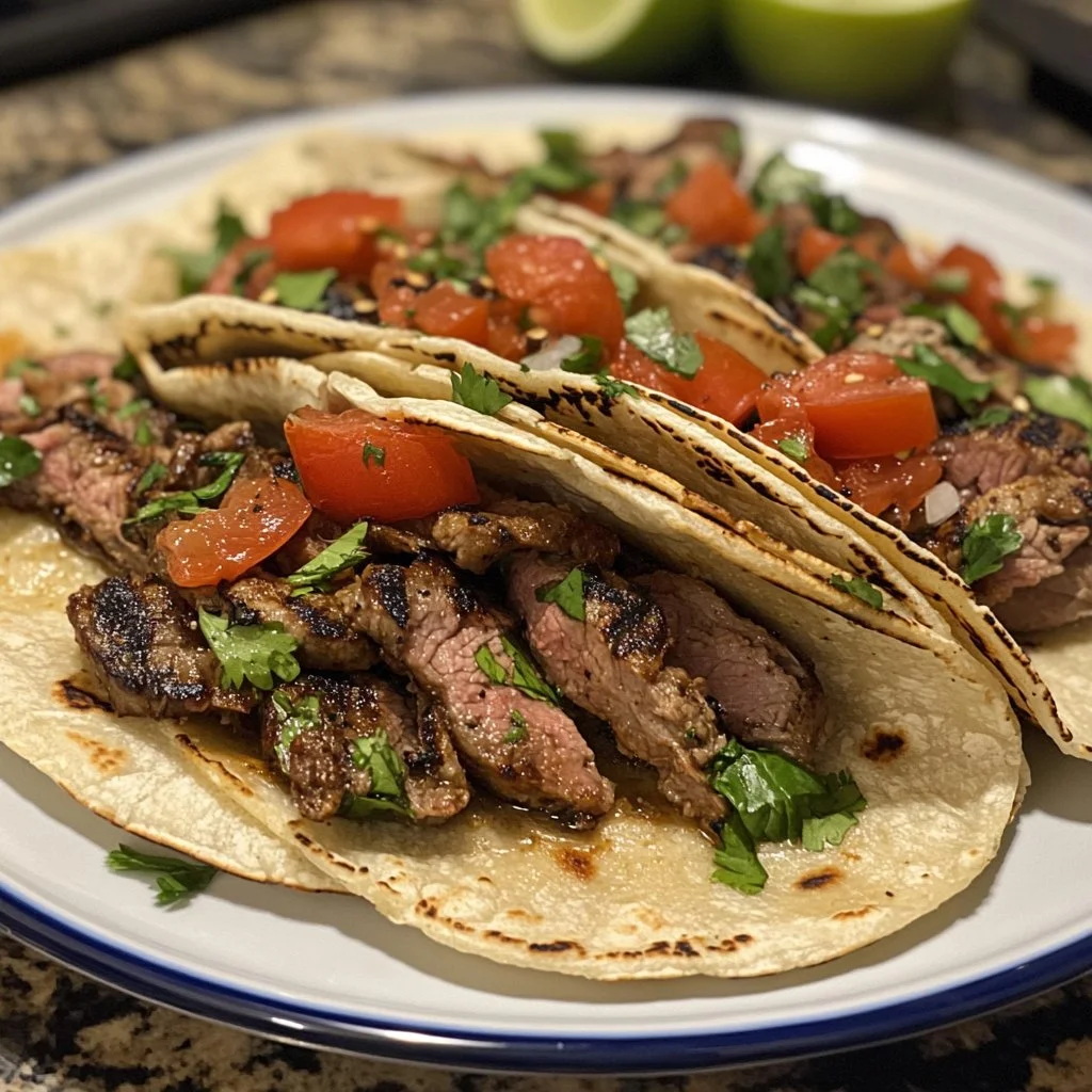 Delicious grilled beef Mexican street tacos with fresh toppings