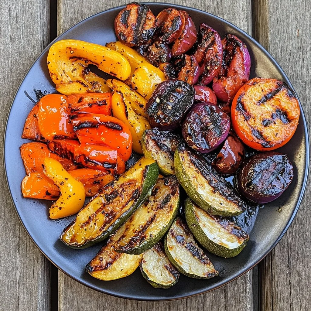 Colorful grilled marinated vegetables on a platter ready to serve.