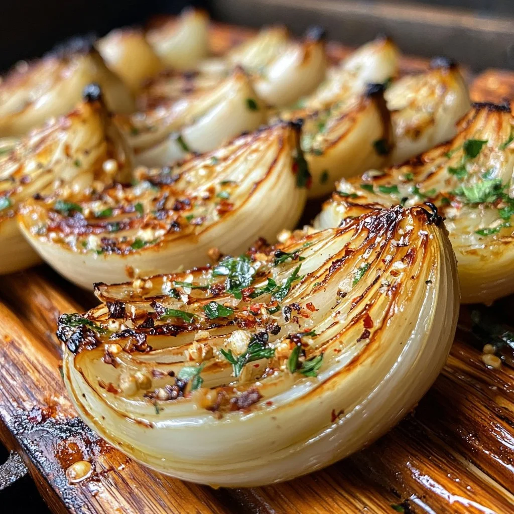 Grilled onion blossoms garnished and ready to serve at a backyard barbecue.