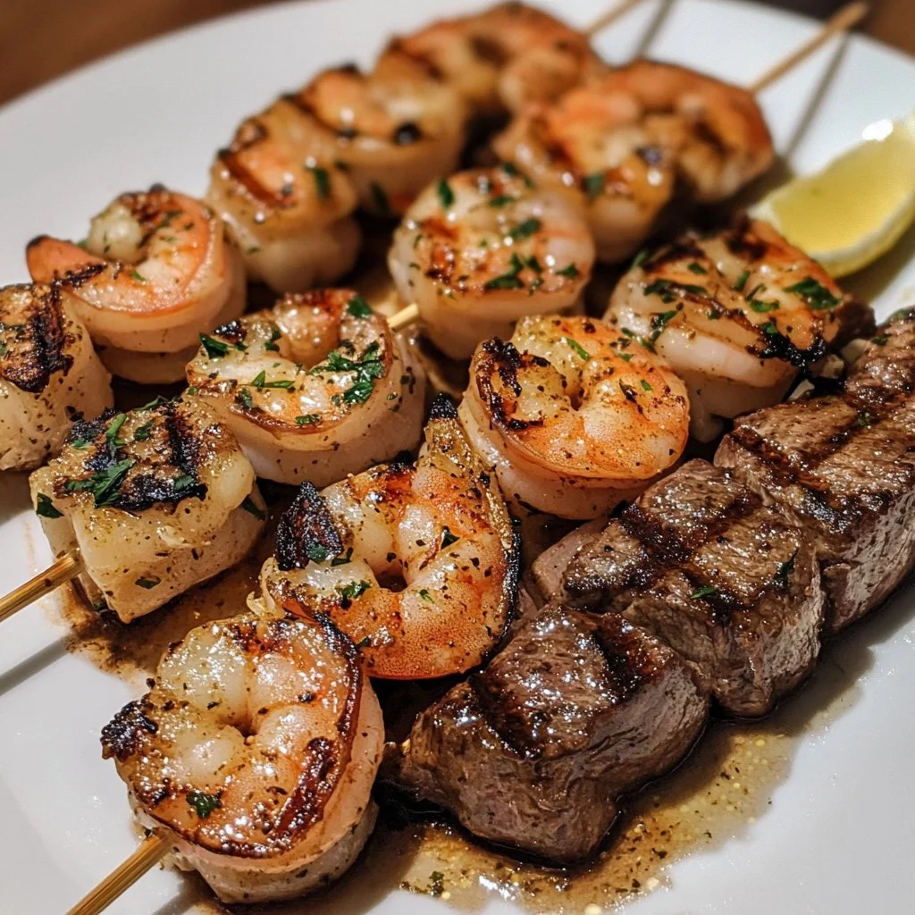 Grilled steak and shrimp skewers drizzled with garlic butter on a platter