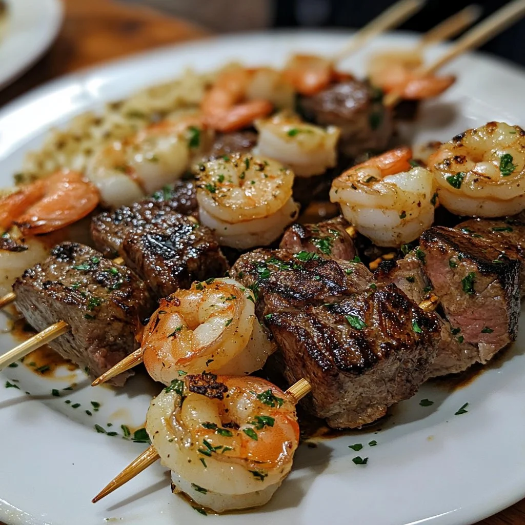 Grilled Steak and Shrimp Skewers with Garlic Butter