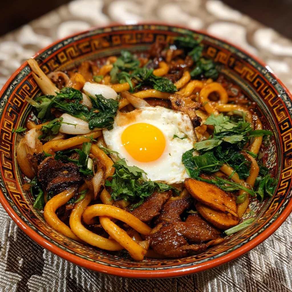 Delicious grilled udon noodles served with vegetables and seasonings