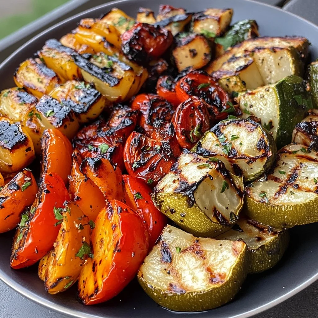Plate of assorted grilled vegetables like peppers, zucchini, and eggplant.