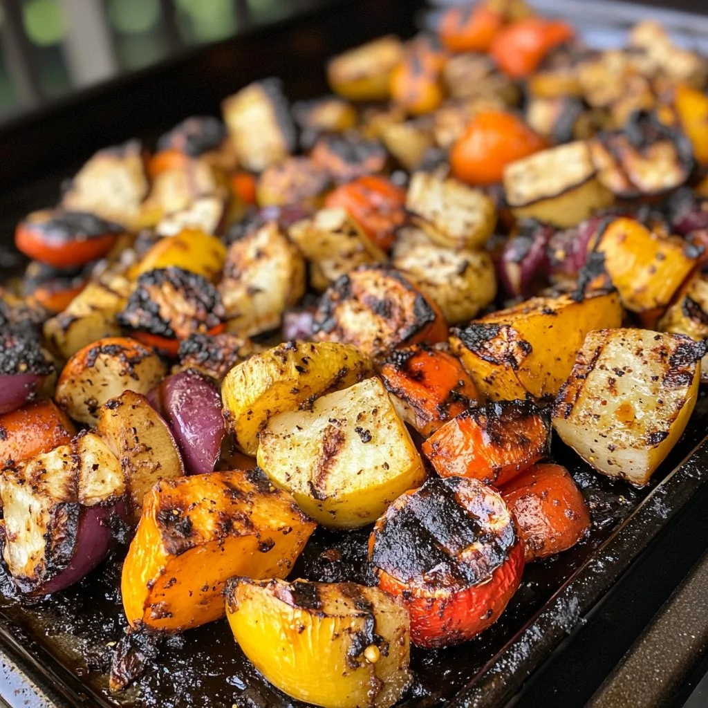 A colorful array of grilled vegetables including bell peppers, zucchini, and mushrooms.