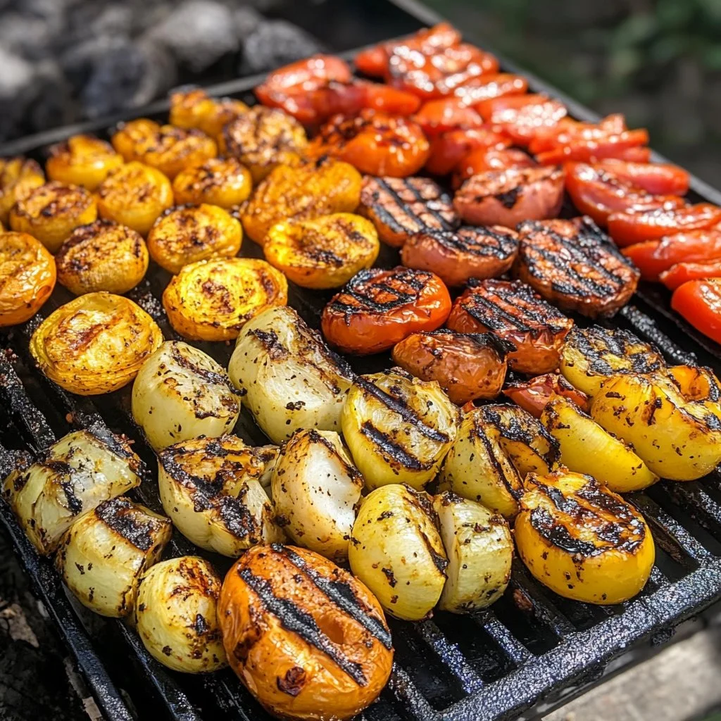 Colorful platter of grilled vegetables including bell peppers, zucchini, and eggplant.