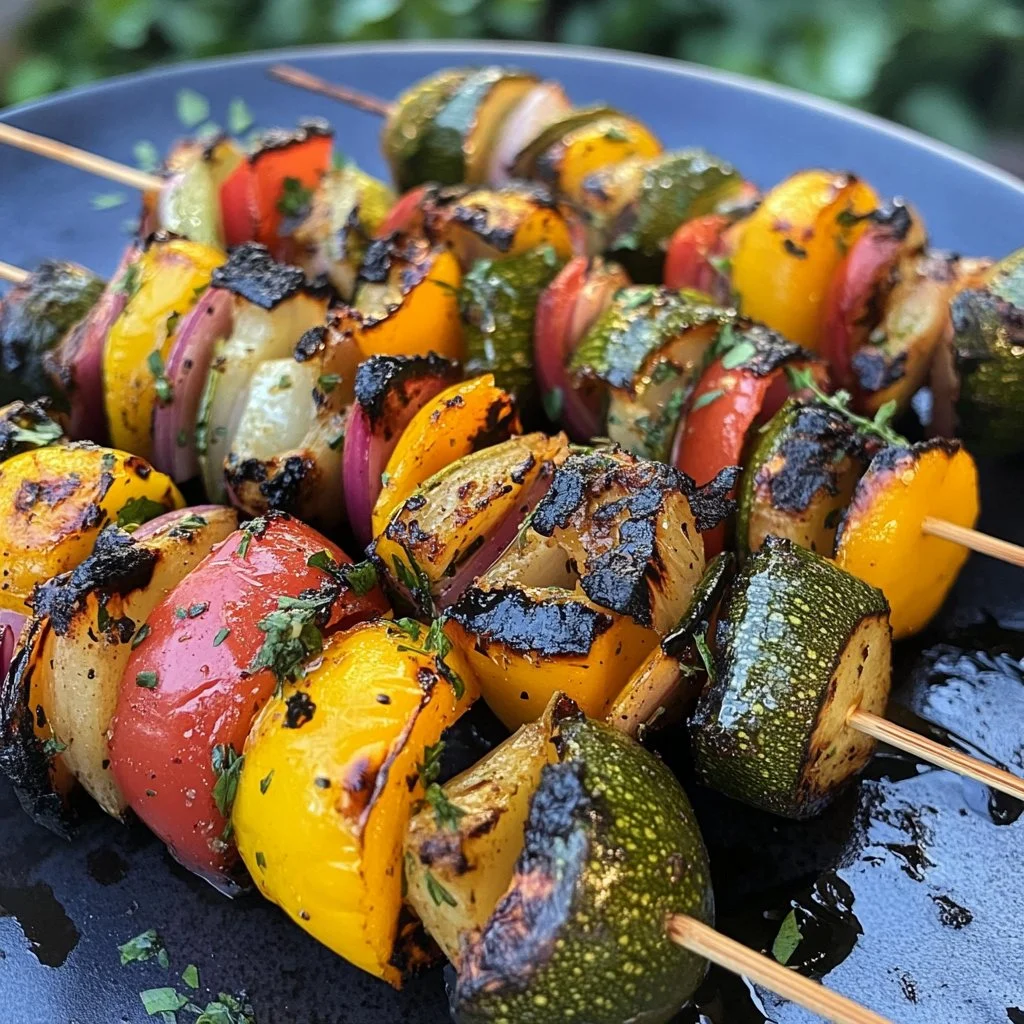 Delicious grilled veggie kebabs with herbs on skewers