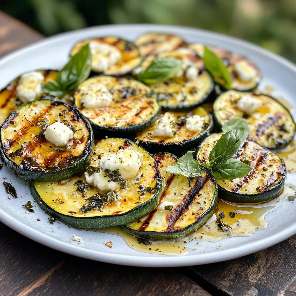 Grilled zucchini with goat cheese, basil, and honey served on a plate