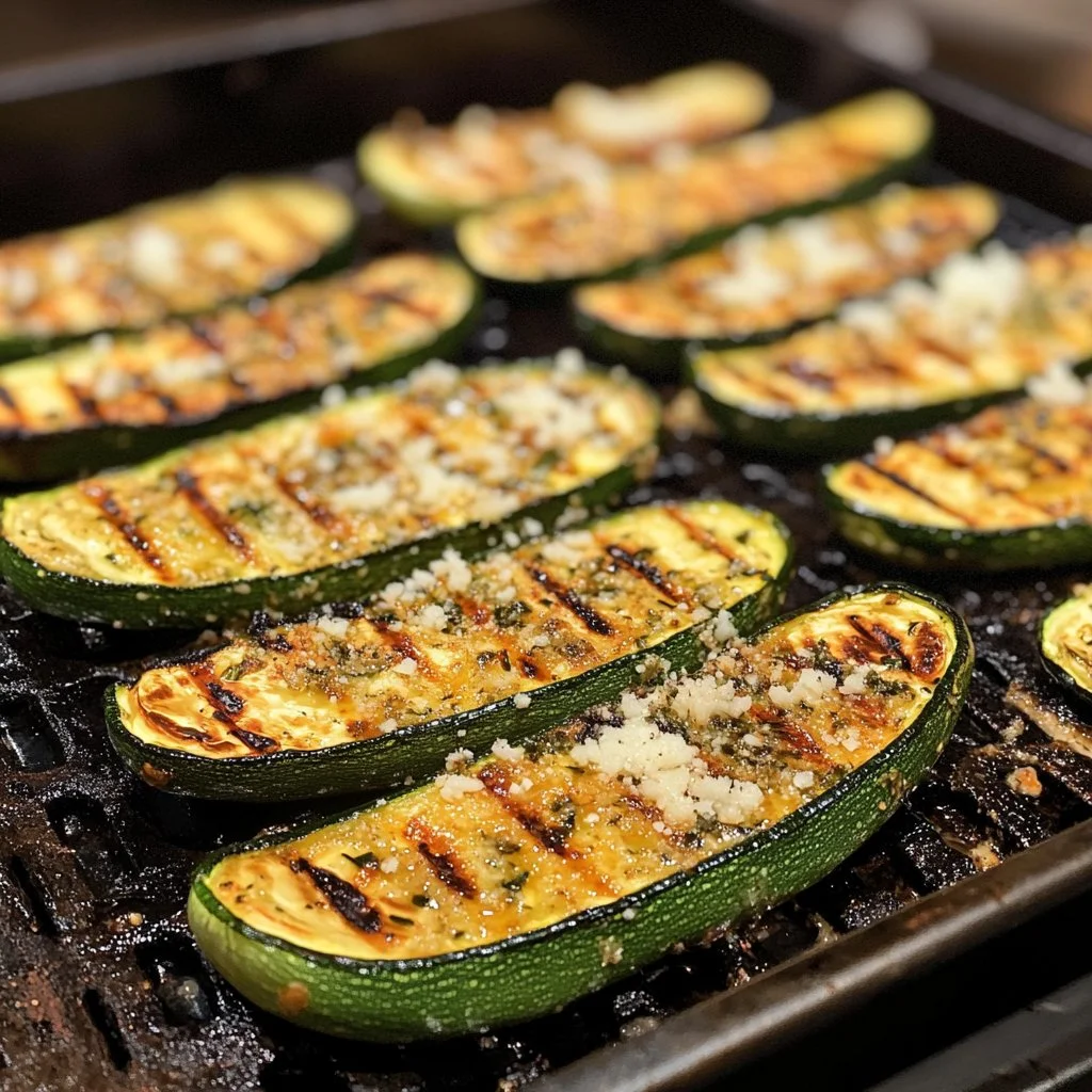 Grilled zucchini topped with parmesan cheese on a plate.