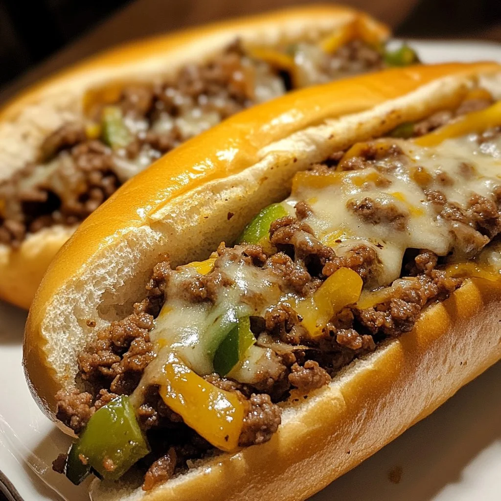 Delicious Ground Beef Philly Cheesesteaks with melted cheese and peppers