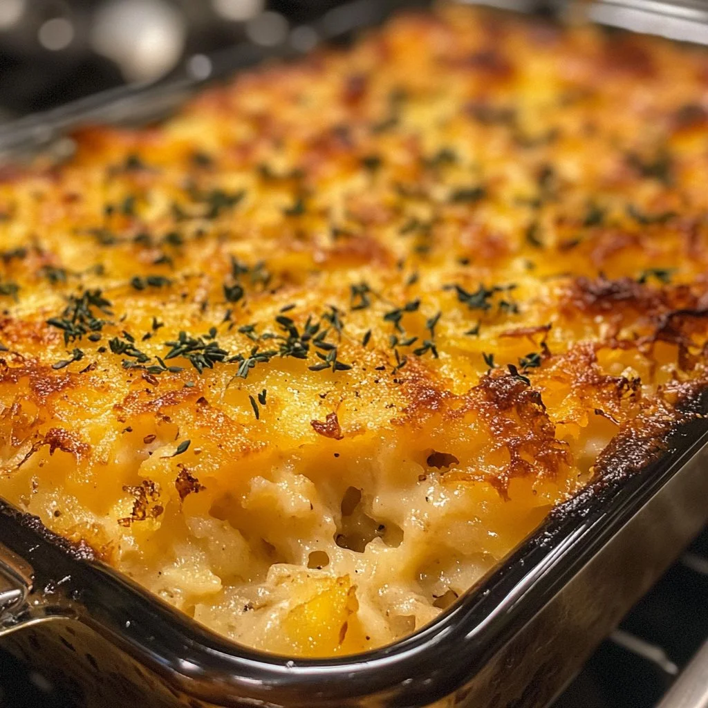 Delicious Hashbrown Casserole with cheese and crispy toppings