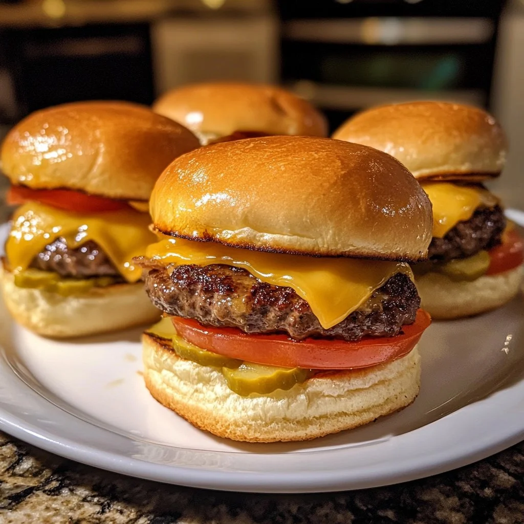 Hawaiian Roll cheeseburger sliders served on a platter with fresh toppings.