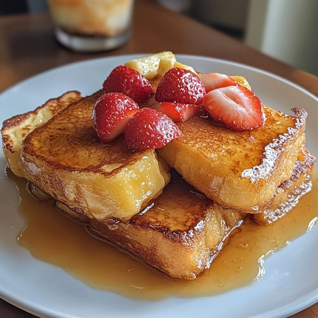 Hawaiian Roll French Toast topped with fresh fruit and syrup on a plate.