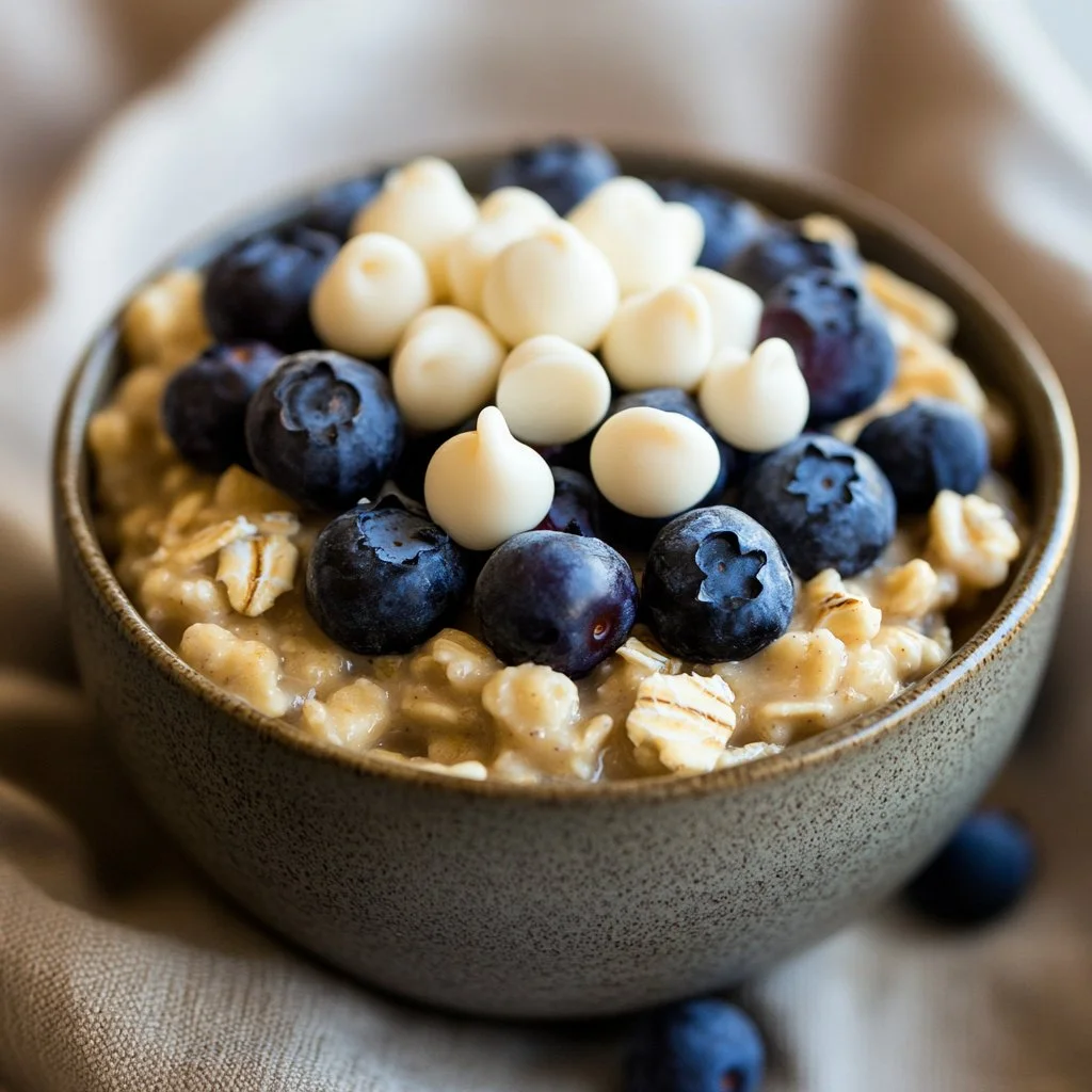 Healthy blueberry breakfast baked oatmeal served in a bowl
