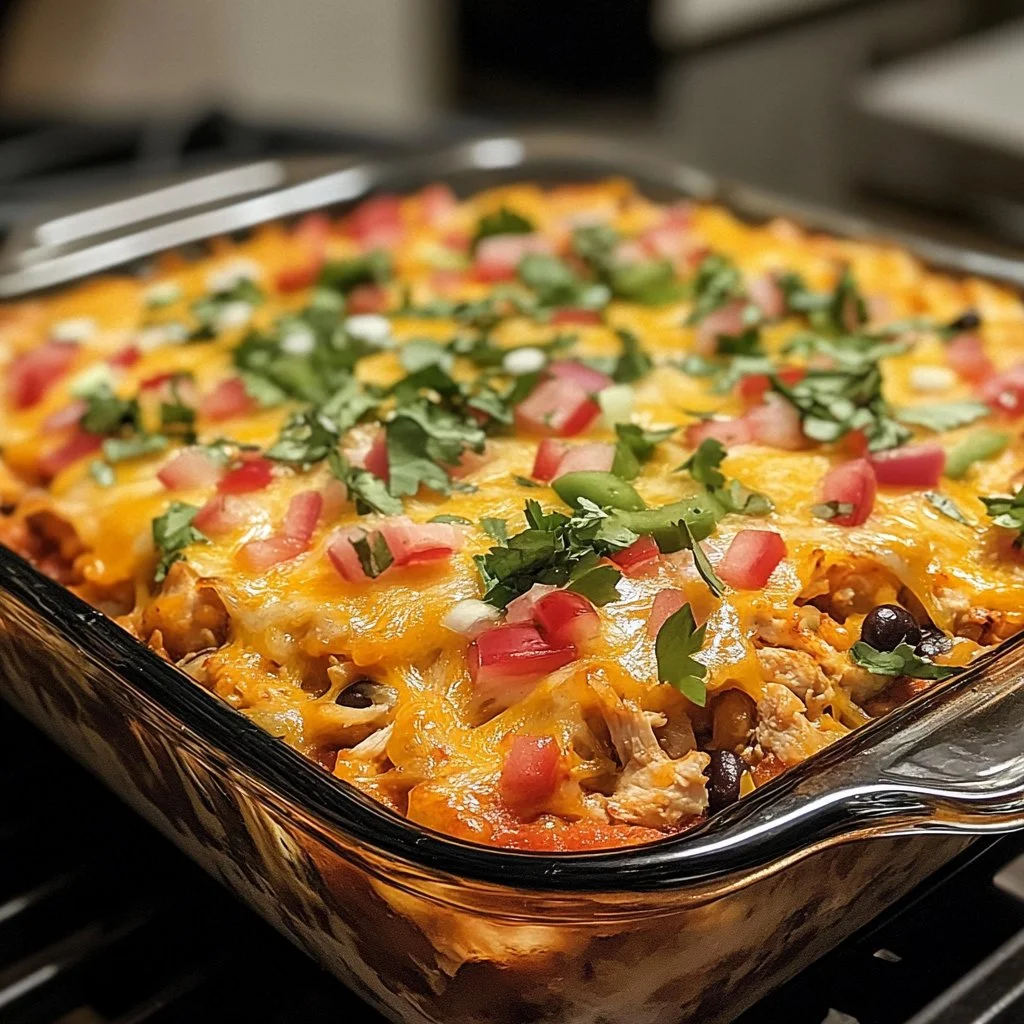 Healthy chicken burrito casserole topped with fresh ingredients