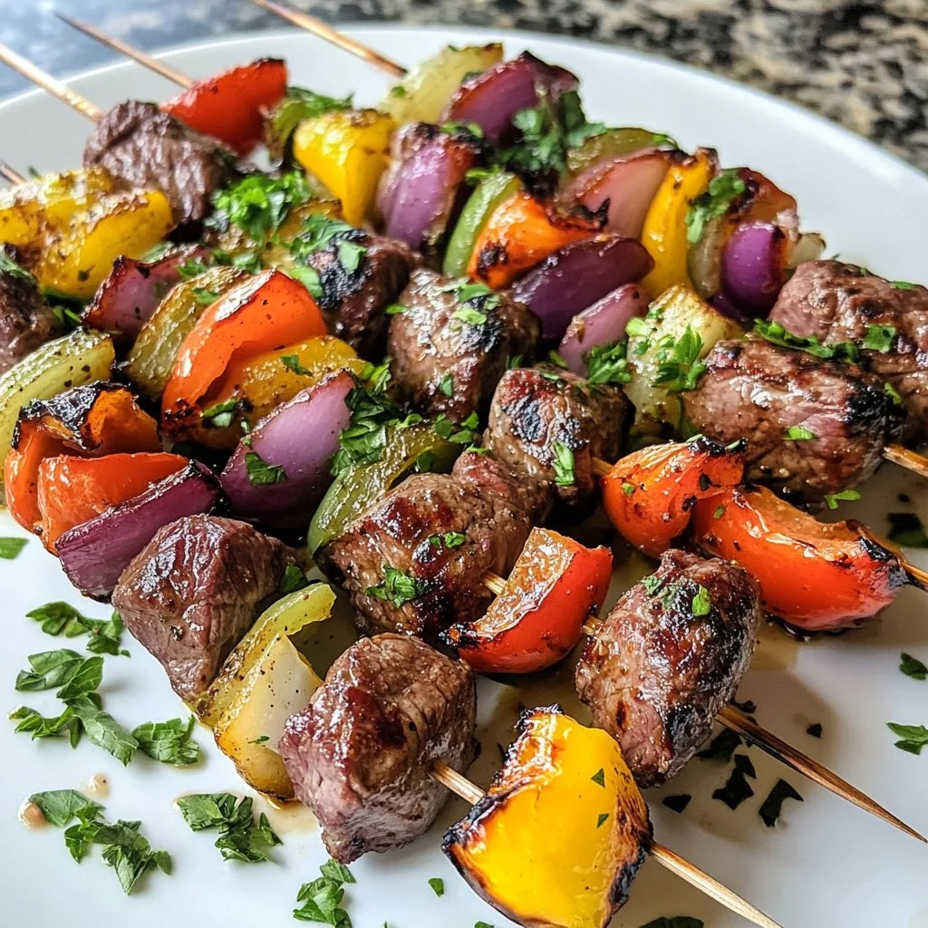 Delicious healthy skirt steak kabobs on skewers with colorful veggies