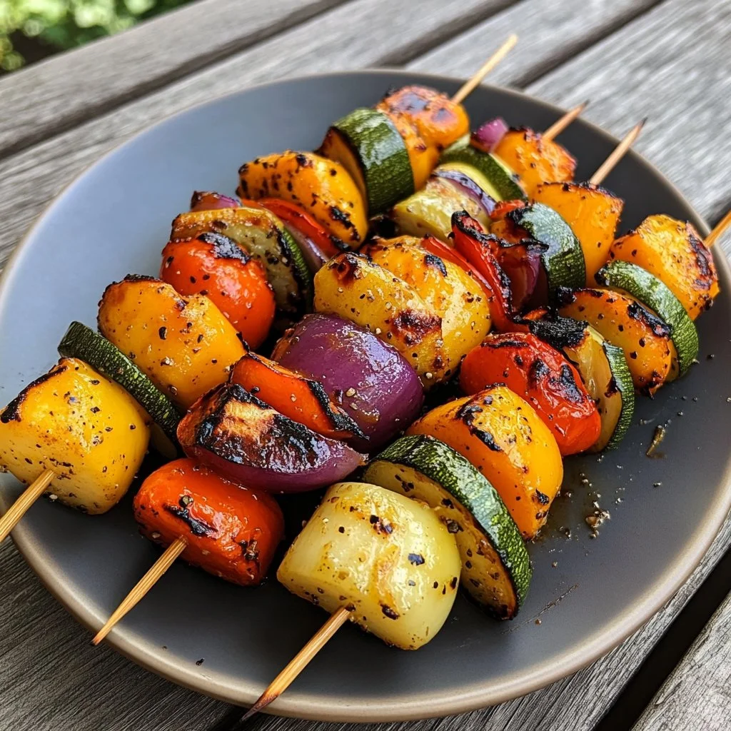 Colorful healthy vegetable kebabs grilled to perfection