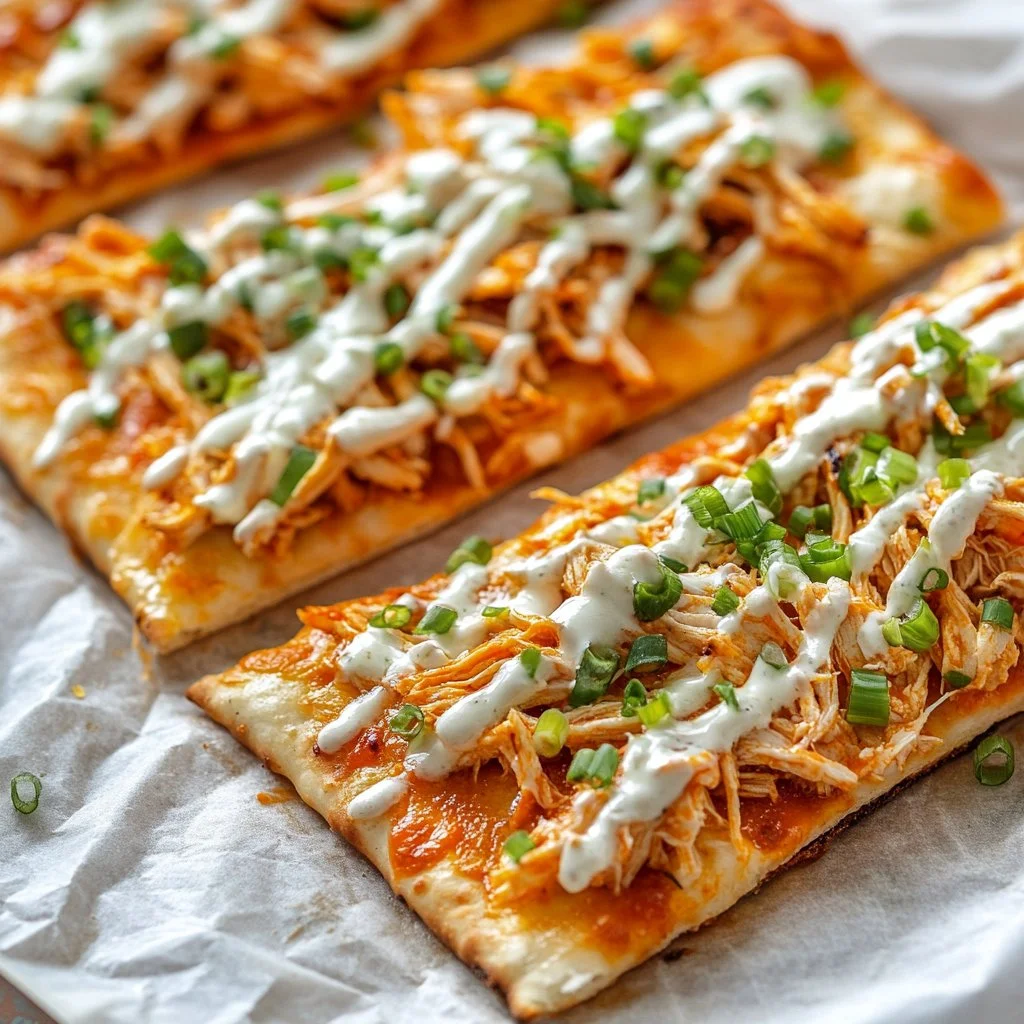 High protein buffalo chicken flatbread topped with fresh ingredients