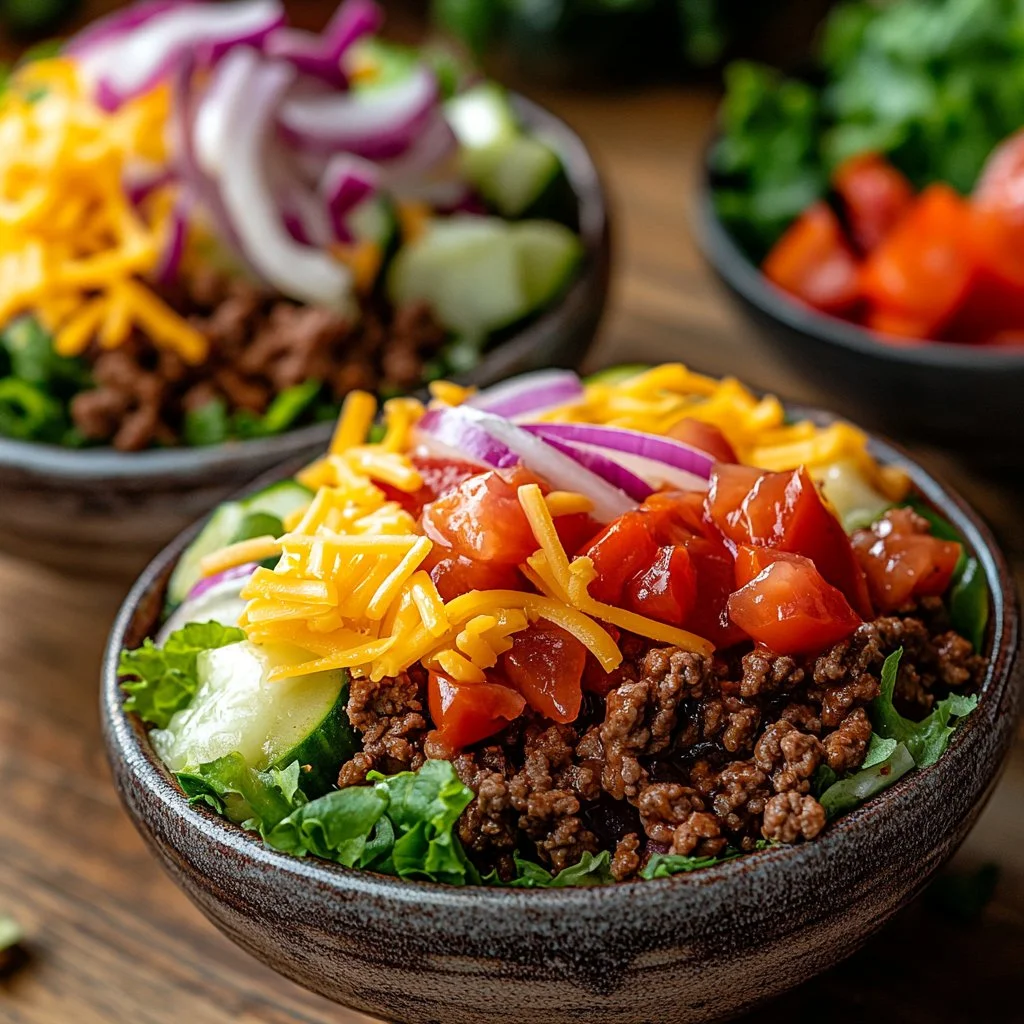 High-protein cheeseburger bowls topped with fresh ingredients and cheese