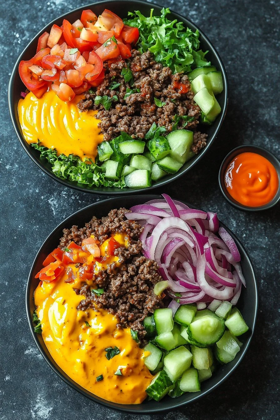 High-Protein Cheeseburger Bowls Recipe – Low-Carb Meal Prep with Ground Beef & Burger Sauce