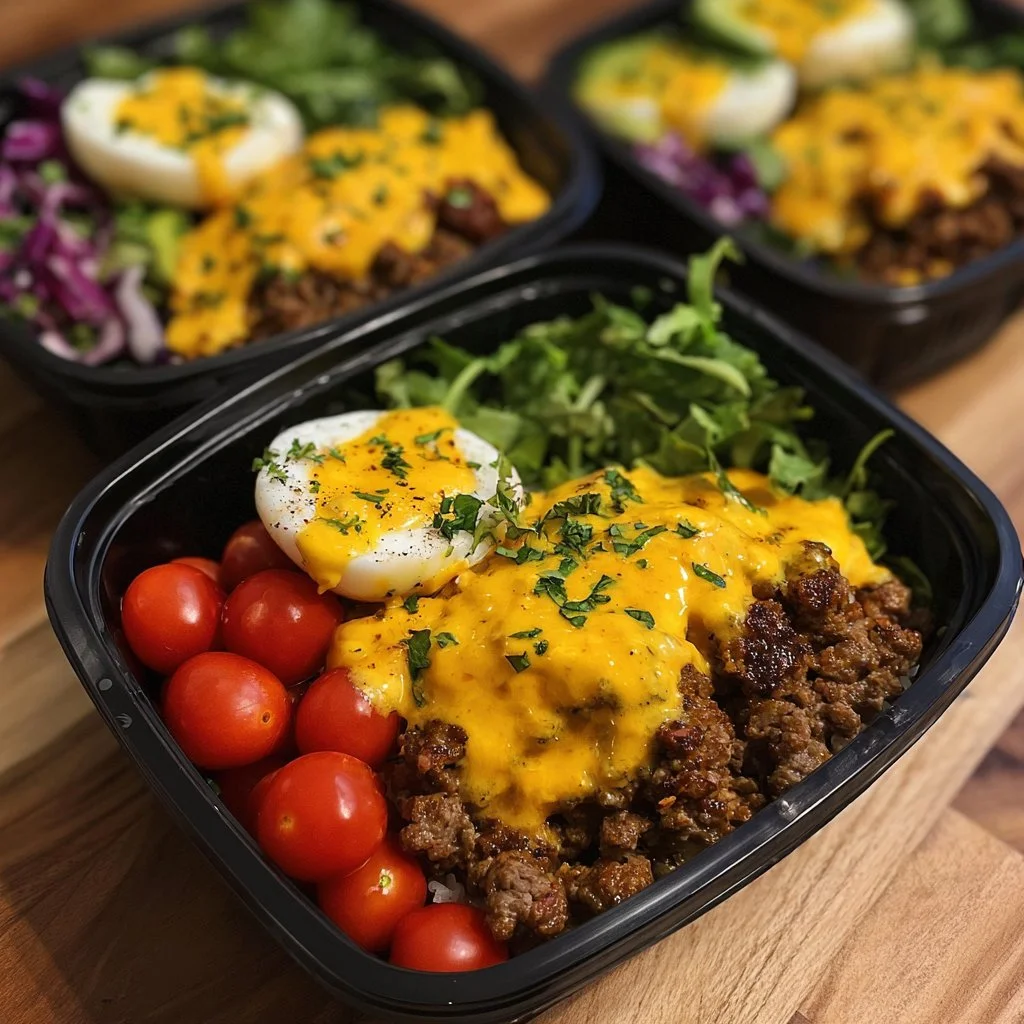 Delicious high-protein cheeseburger bowls topped with fresh ingredients
