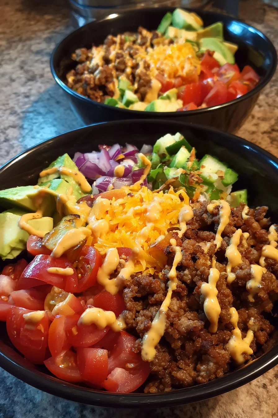 High-Protein Cheeseburger Bowls Recipe – Low-Carb Meal Prep with Ground Beef & Burger Sauce