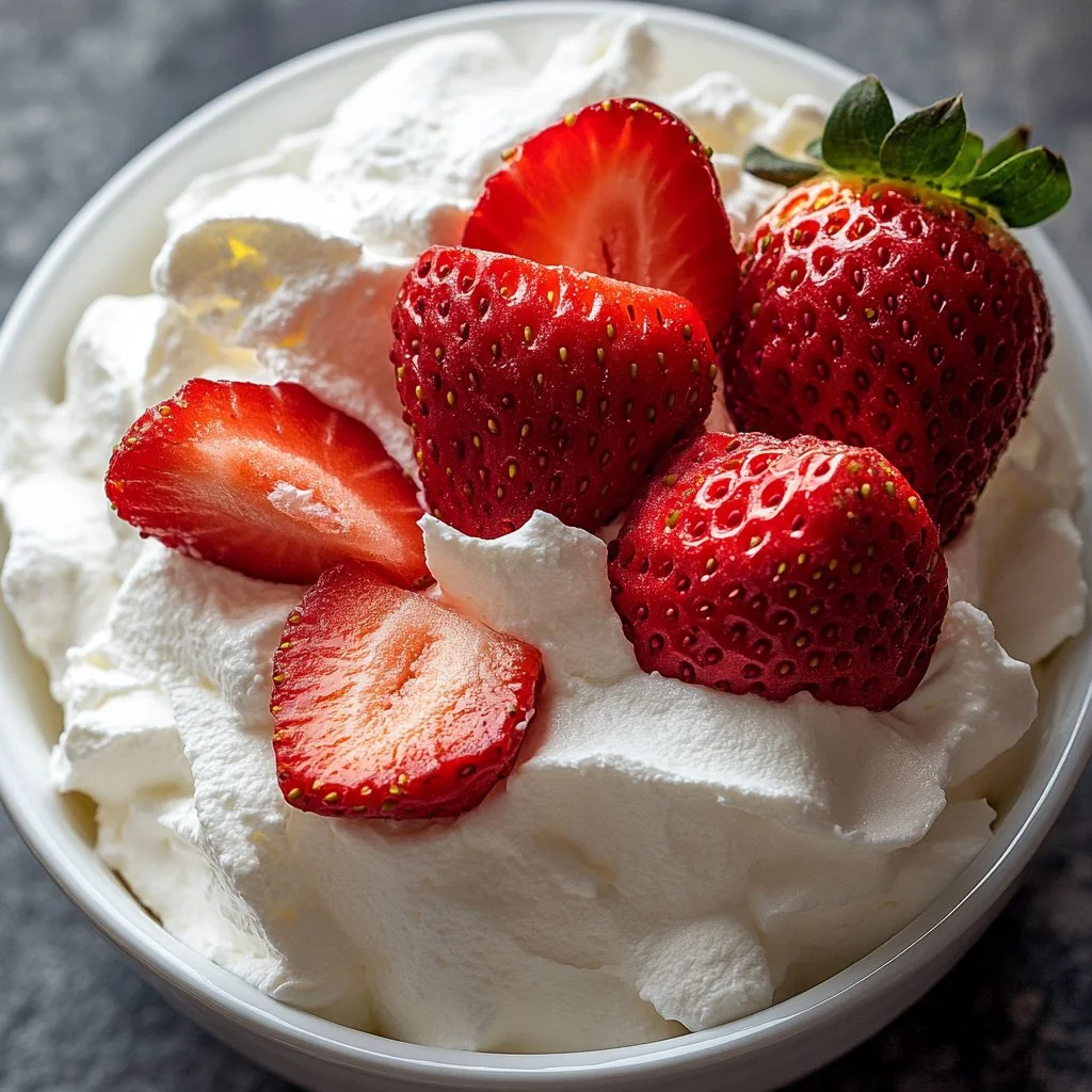 High protein cheesecake fluff dessert in a bowl with fresh berries