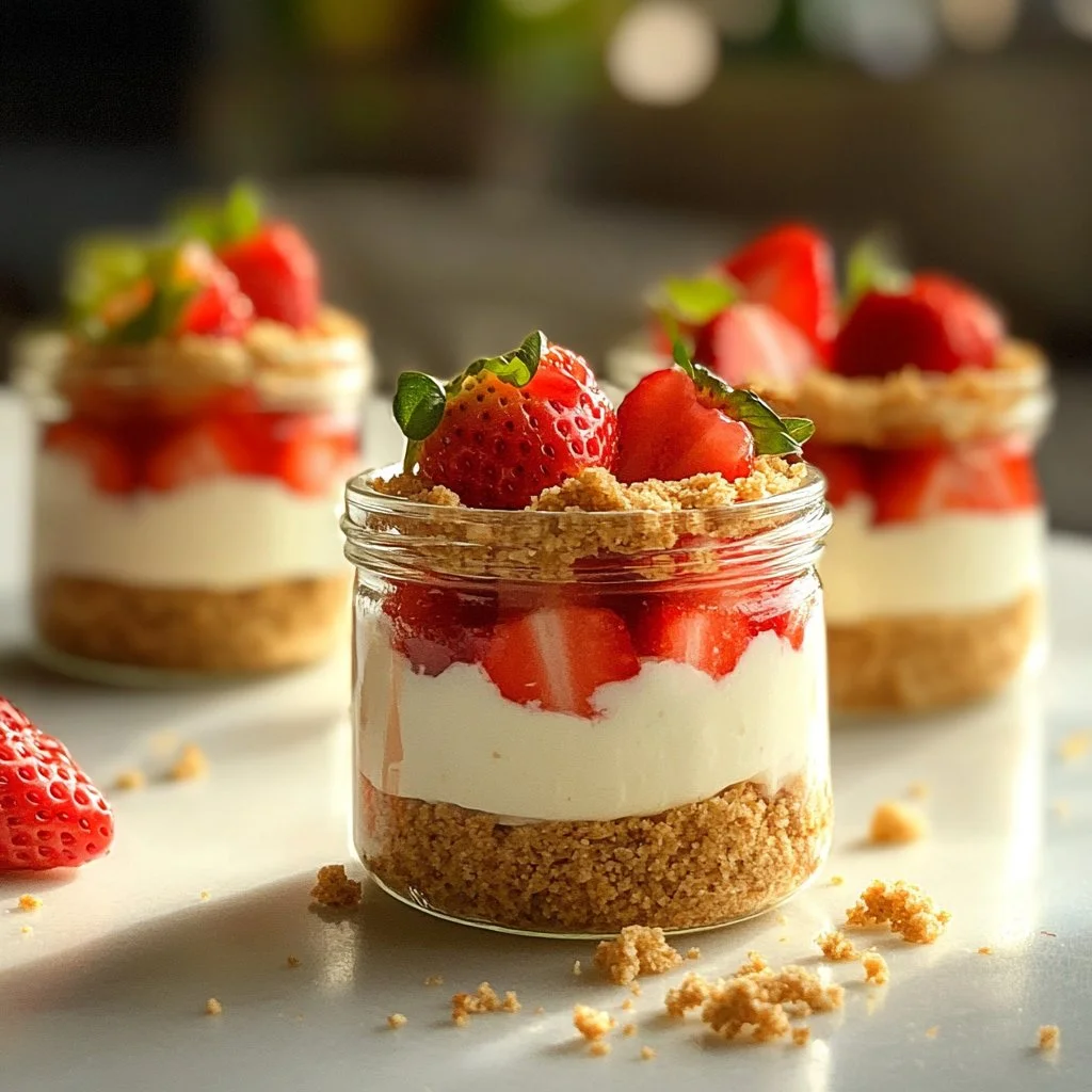 High protein cheesecake jars topped with fresh berries and nuts