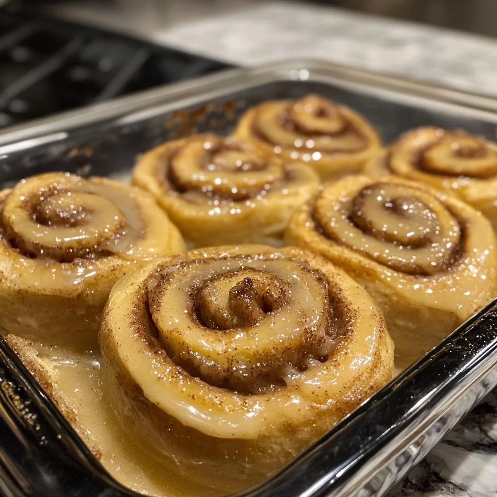 High-protein cinnamon rolls topped with icing on a baking tray
